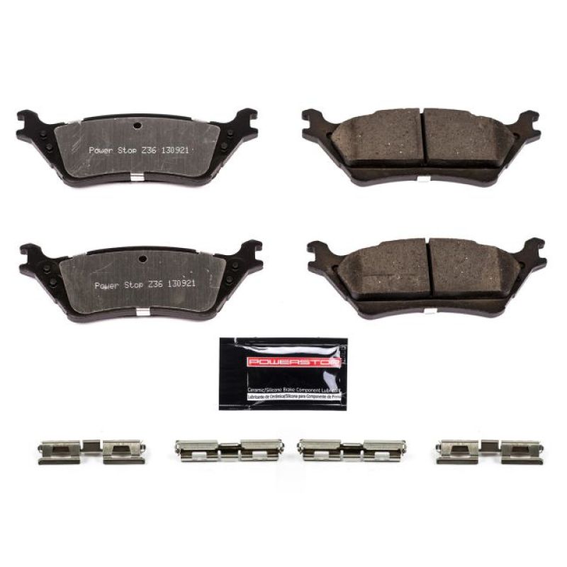 PowerStop rear Z36 brake pads for Ford F-150 trucks with hardware, designed for performance and towing capacity.