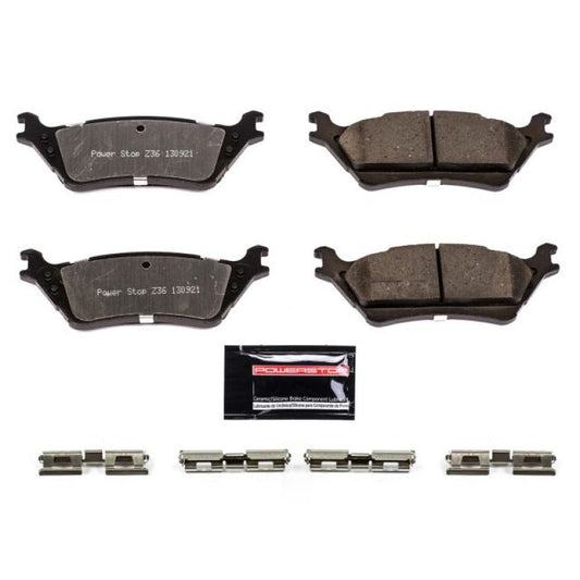 PowerStop rear Z36 brake pads for Ford F-150 trucks with hardware, designed for performance and towing capacity.