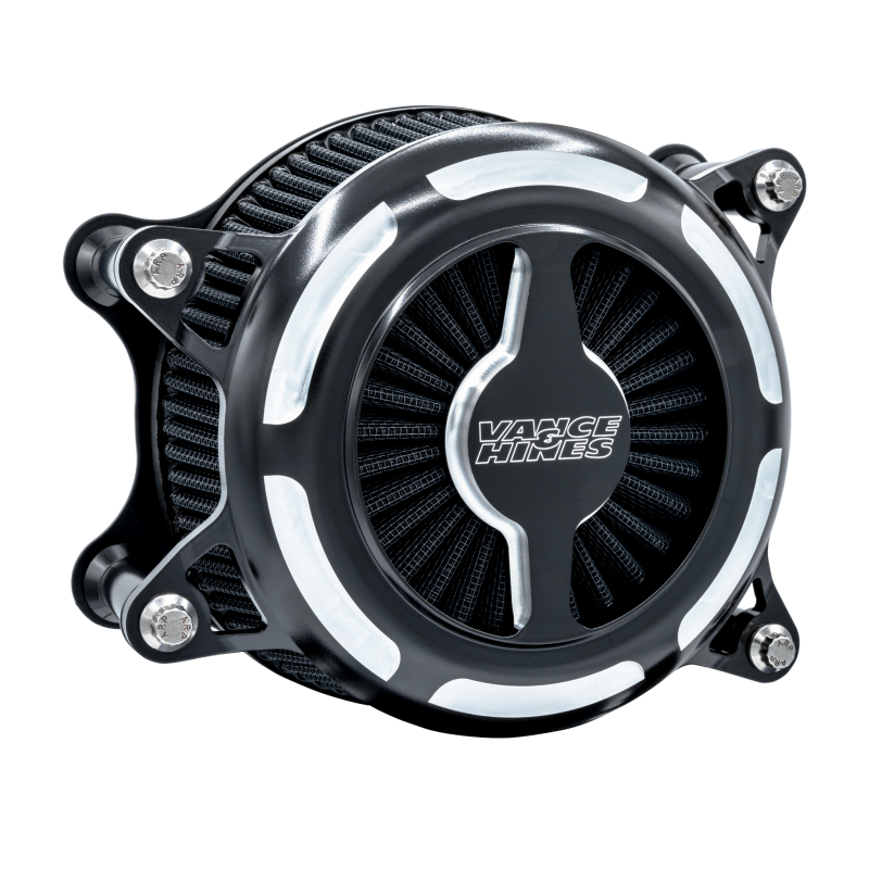 Vance & Hines 23+ HD Road/Street Glide Black Blade Air Intake filter installed on Harley Davidson motorcycle, direct fit air filter.
