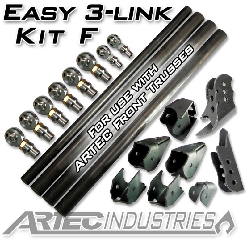 Artec Industries Easy 3 Link Kit F for Artec trusses, image showing axle components and hardware for vehicle suspension.