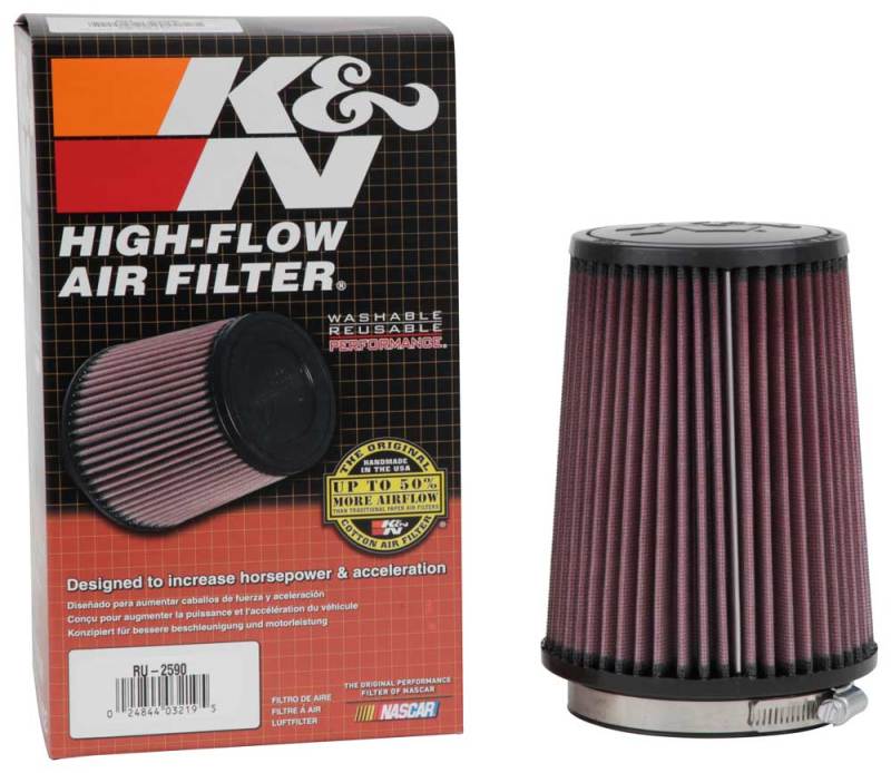 K&N Engineering universal rubber air filter with 4-inch flange, 7-inch height, and 5 3/8-inch base for automotive air intake systems.