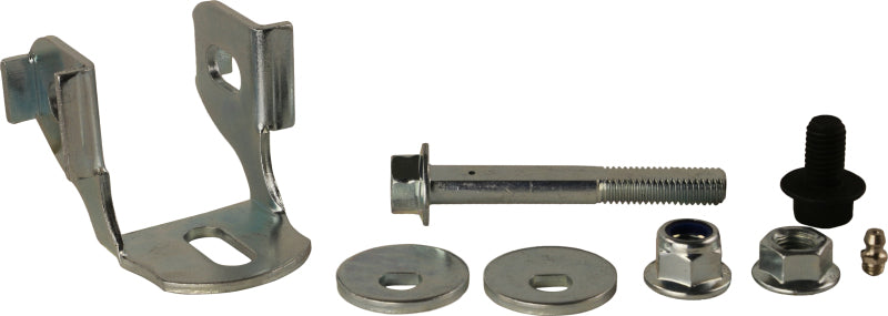 Moog Ford Mustang rear alignment camber and toe kit for 2015-2023 suspension adjustment, shown with metal components and adjustment bolts.
