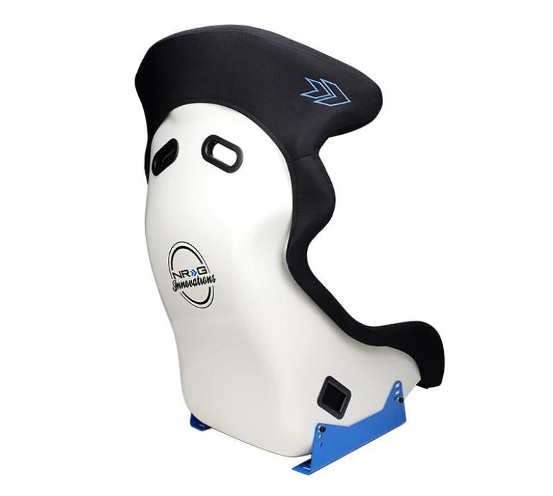 NRG FRP bucket race seat in white with arrow embroidery, blue side mount bracket, designed for high-performance automotive racing.