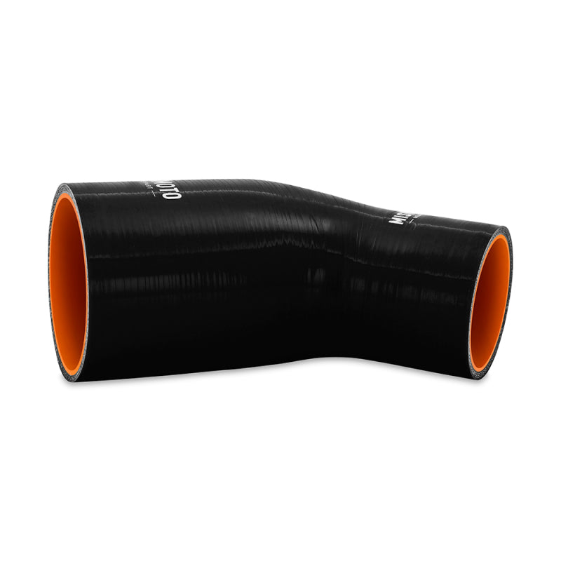 Black Mishimoto silicone reducer coupler with 45-degree bend, connecting 2.5-inch to 3.5-inch hoses for automotive applications.
