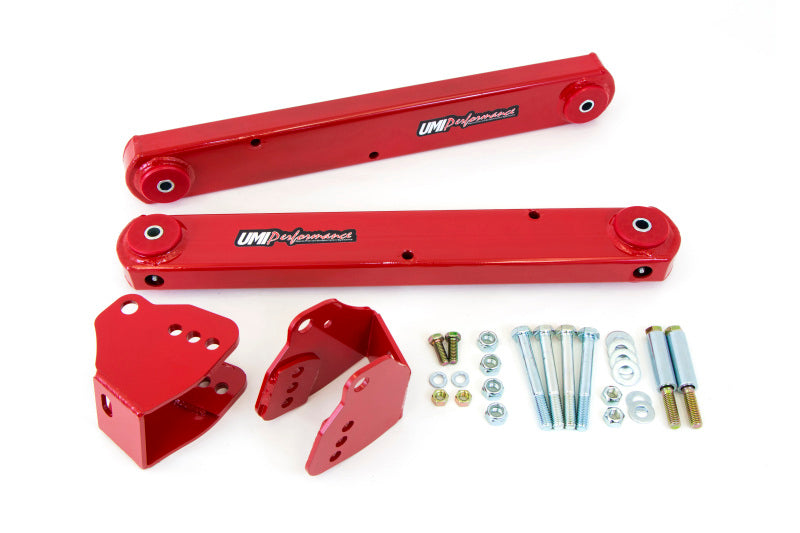 UMI Performance GM G-Body rear lift bar set control arms for 78-88 models, bolt-in installation, metal construction with mounting brackets.