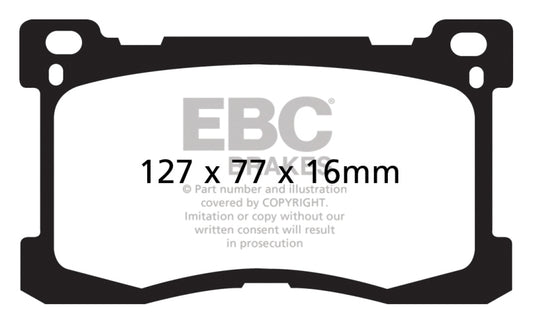 EBC 12+ Hyundai Equus 5.0 Redstuff performance front brake pads showing red friction material and metal backing plate.