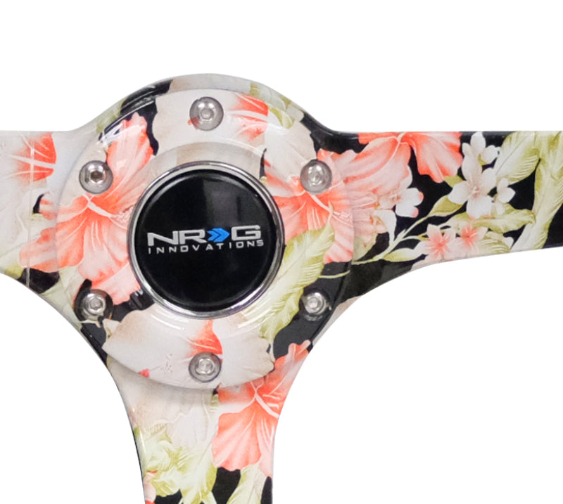 NRG reinforced steering wheel with black suede floral dip, 350mm diameter, deep dish, and black baseball stitch for racing cars.