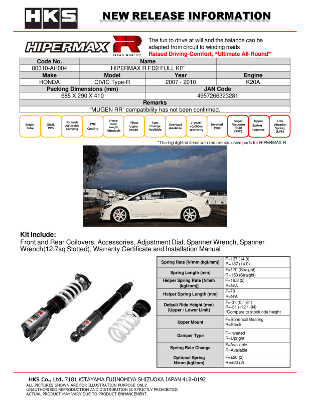 HKS Hipermax R FD2 coilover kit with adjustable suspension components for Honda Civic FD2, showing the assembled full kit.
