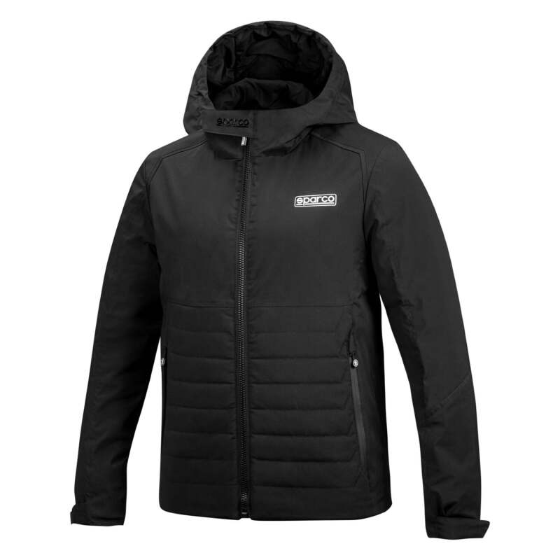 Black Sparco winter jacket in large size, made of textile material, with a high collar and zipper closure, designed for cold weather.