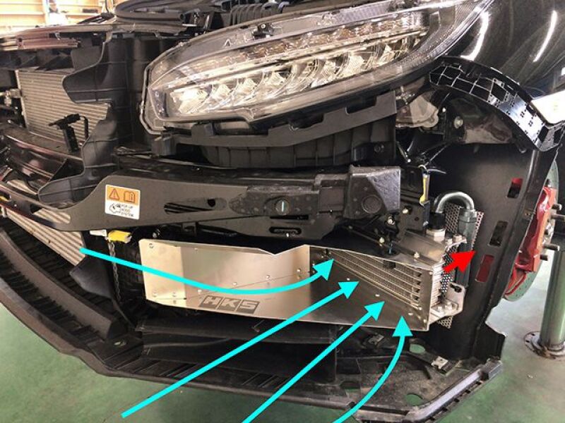 HKS S-Type Oil Cooler Kit for FK8 Honda Civic Type R, black finish, with hoses and mounting hardware visible in the image.