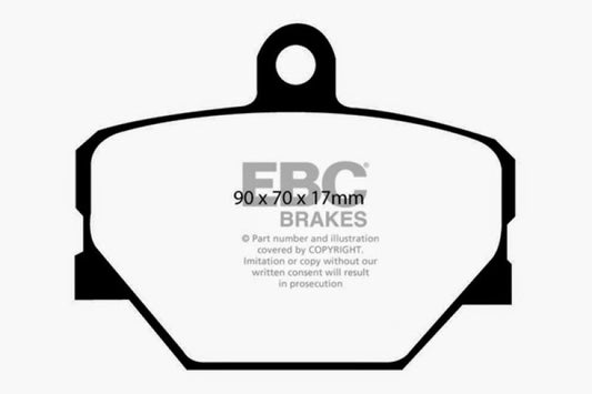 EBC 08+ Smart Fortwo 1.0 Redstuff front brake pads for performance braking, shown in red with metal backing plates.