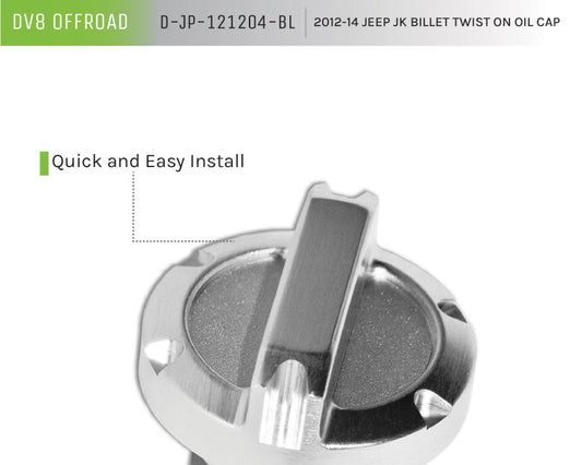 DV8 Offroad billet oil cap for 2012-14 Jeep JK, twist-on engine hardware with polished metal finish.