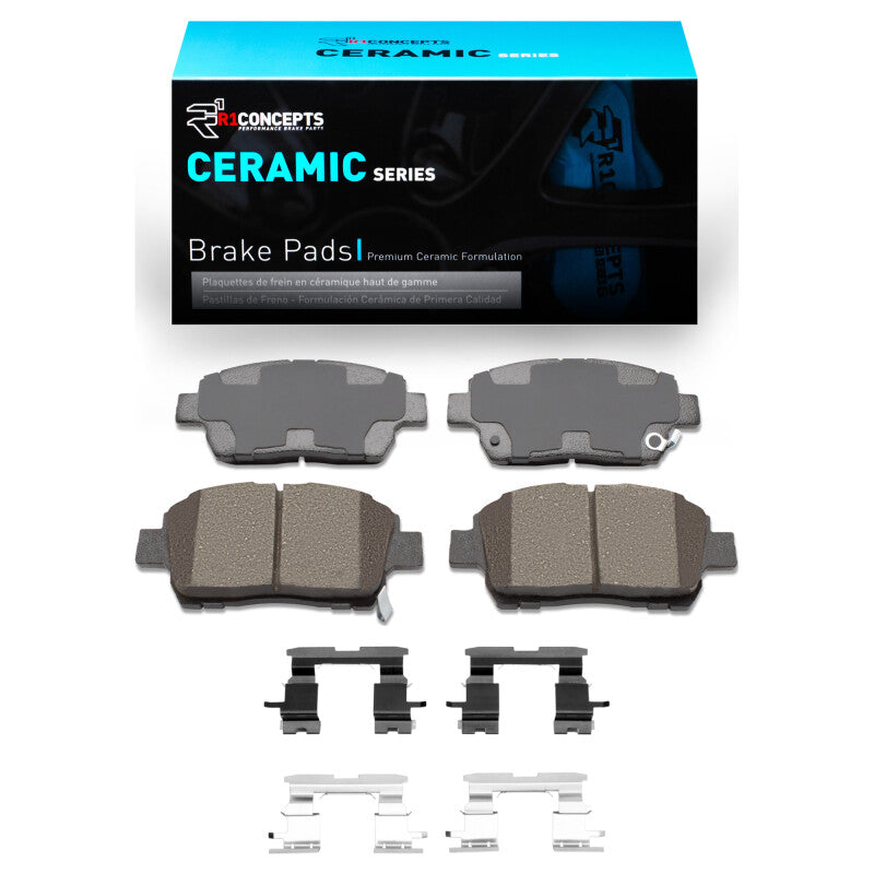 R1 Concepts OE ceramic brake pads and hardware kit for Scion IQ 2000-2015, showing front brake pad assembly with hardware components.