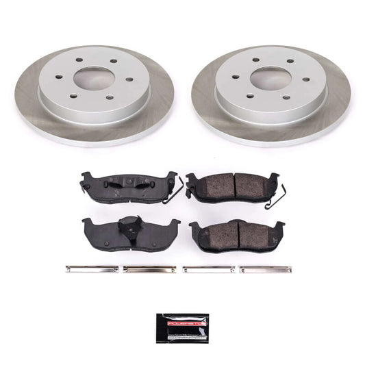 PowerStop rear semi-coated brake rotor kit for Nissan Titan 2014-2015, performance brake kit with black coating on rotors.