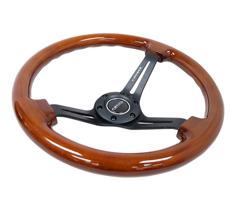 NRG reinforced 350mm brown wood steering wheel with black matte spokes and center mark, car accessory for sporty interior styling