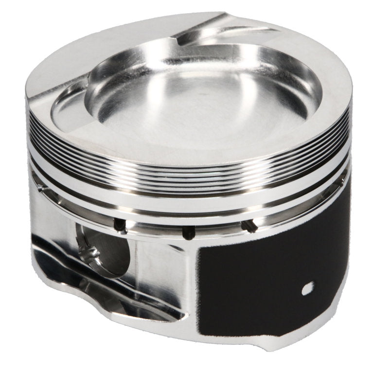Set of six forged JE Pistons for VW 2.8L VR6 engine, showing the piston tops and sides with precision machining details.