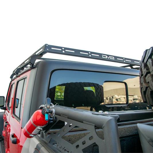 DV8 Offroad Jeep Wrangler JK, JL, Gladiator roof rack mounted on vehicle, designed for off-road and utility use.