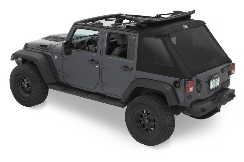 Bestop Trektop Glide soft top for Jeep Wrangler JK 4-door in Black Diamond, showing the fabric and installation details.