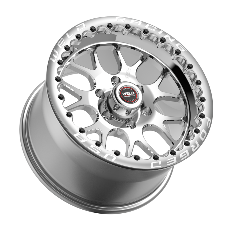 Polished Weld S77 HD Beadlock forged wheel, 15x10 inch, 5x139.7 bolt pattern, with polished center and shell for off-road vehicles.
