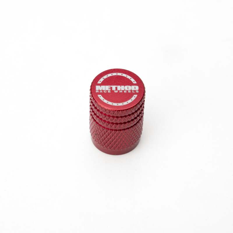 Red Method Wheels valve stem caps, 5-pack, for car tire valves, made of durable metal with a sleek design.