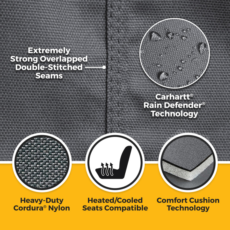 Covercraft Carhartt Super Dux PrecisionFit seat covers for Ford F250/F350/F450/F550 trucks in gravel color, custom-fit protection.