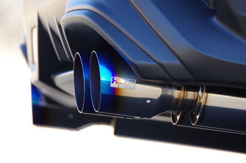 HKS 2021 Subaru WRX Legamax Sport catback exhaust system installed on a car, showing the sleek stainless steel muffler and piping.