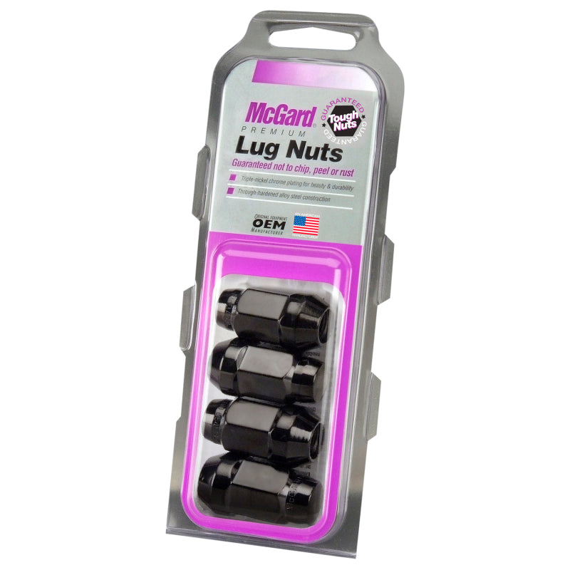 Black McGard hex lug nuts with cone seat bulge style, 1/2-20 thread, 3/4 inch hex, 1.45 inch length, in a 4-pack.