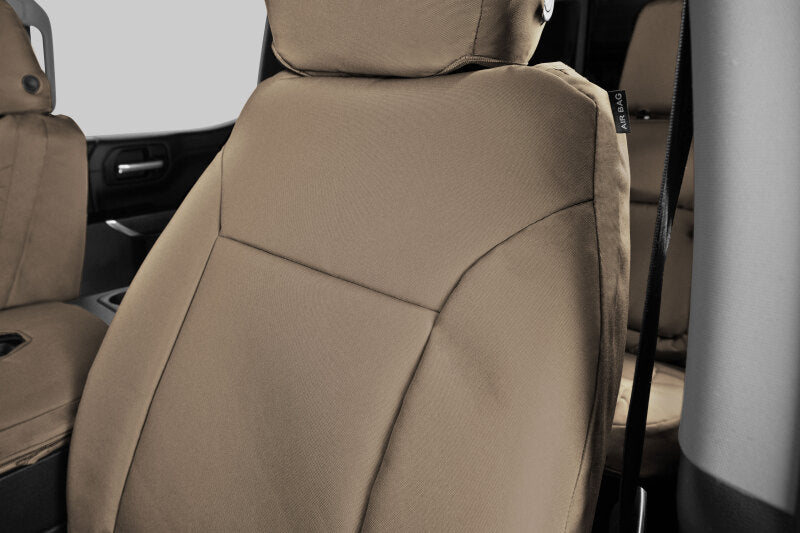 Covercraft Endura PrecisionFit custom second row seat covers for Jeep Wrangler 18-24, tan color, snug fit, durable fabric.
