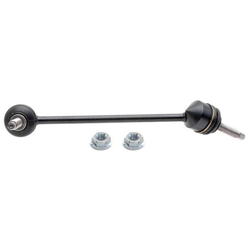 Moog rear right sway bar endlink for Jaguar XKR 2007-2015, close-up of metal link with rubber bushings on a car suspension.