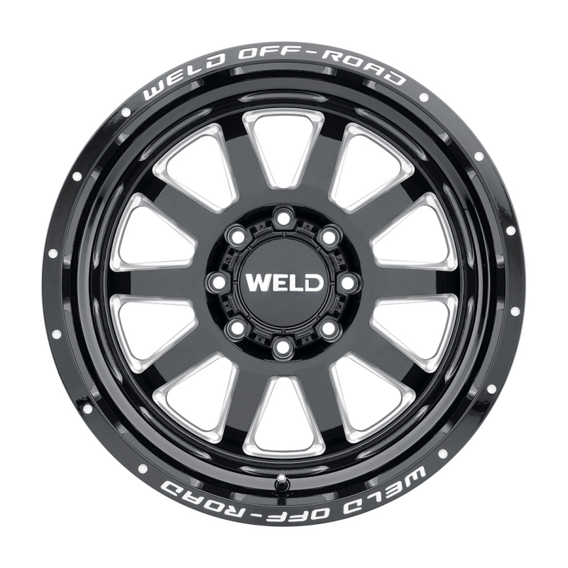 Weld Stealth 18x9 forged wheel in gloss black milled finish, showcasing the wheel's sleek design and detailed surface texture.