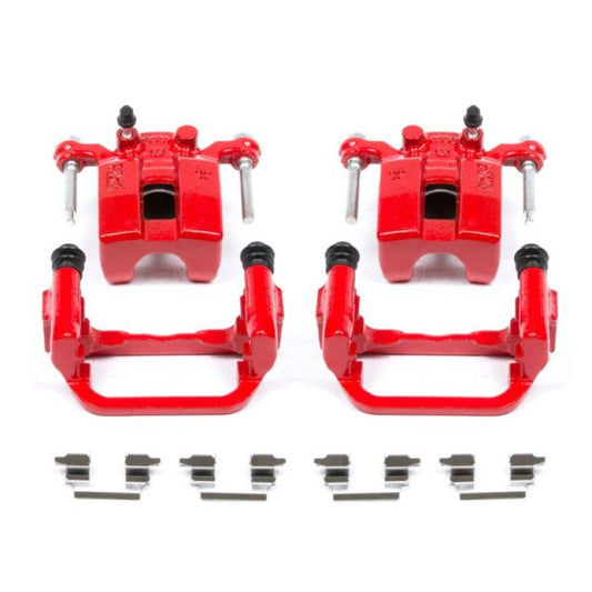 Pair of PowerStop rear red brake calipers for Infiniti G35 2003-2005 with mounting brackets, performance brake upgrade.