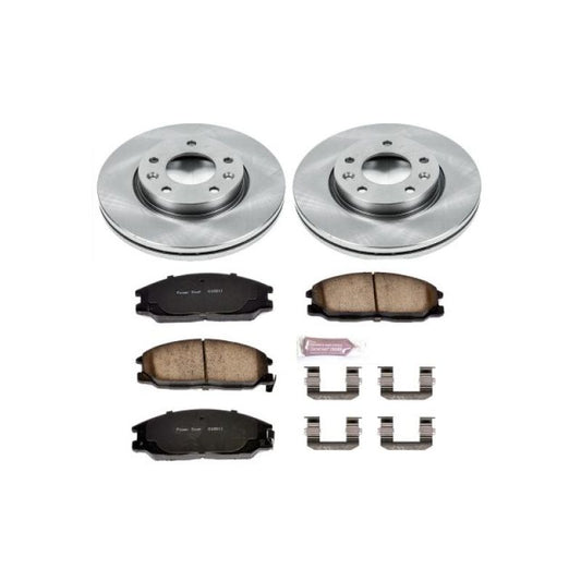 PowerStop OE front brake kit for Kia Sedona 2002-2004, including brake rotors and pads, installed on vehicle wheels