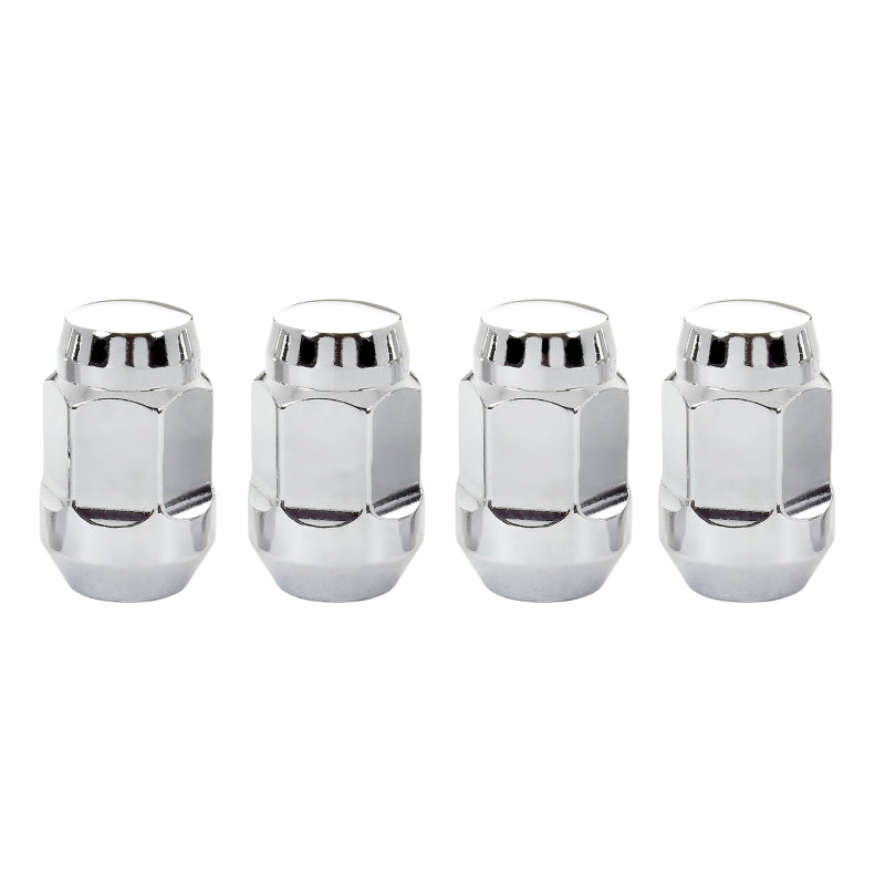 Chrome McGard hex lug nuts with cone seat bulge style, 7/16-20 thread, 3/4 inch hex, 1.45-inch length, 4-pack shown.
