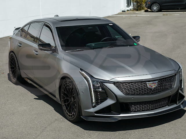 CADILLAC CT5-V Blackwing factory OEM style carbon fiber front lip splitter and wheel arches, ground effects for enhanced sporty appearance