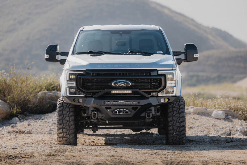 Steel front bumper for Ford Super Duty F-250 and F-350 from DV8 Offroad Spec Series, designed for durability and off-road protection.