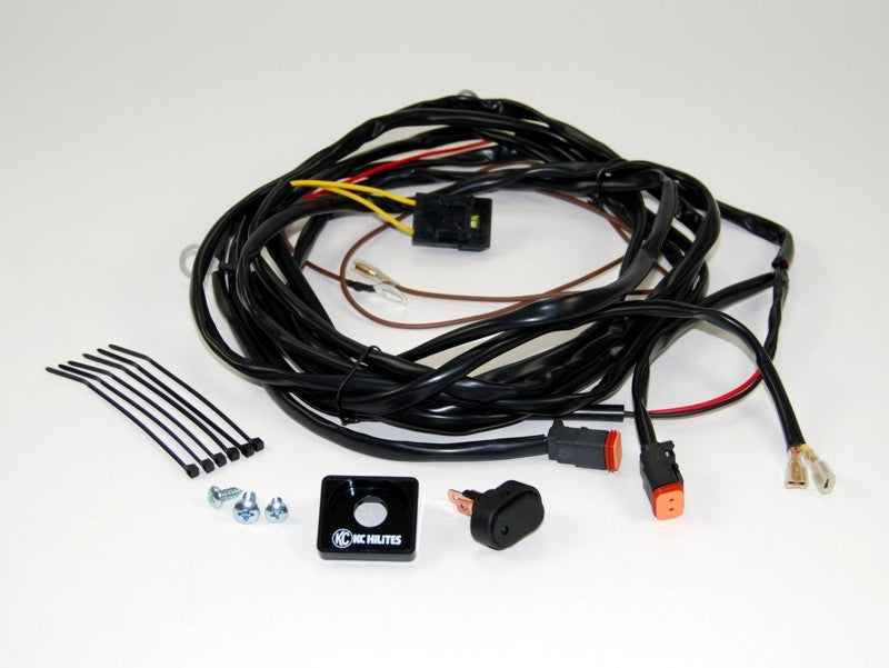 KC HiLiTES wiring harness for dual 110w lights, featuring 2-pin Deutsch connectors for reliable lighting system installation.