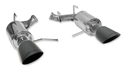 Roush black tip axle back exhaust system installed on a 2011-2014 Ford Mustang GT, showing the sleek exhaust tips.