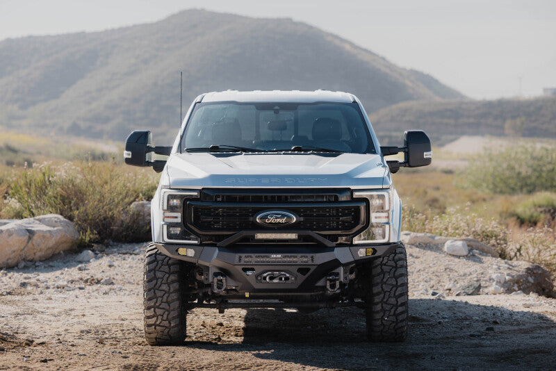 DV8 Offroad steel front bumper for Ford Super Duty F-250/F-350 2017-2022, rugged off-road bumper with heavy-duty steel construction.
