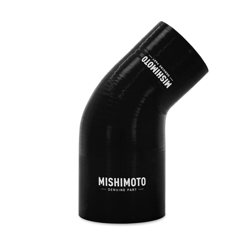 Black Mishimoto silicone reducer coupler, 45-degree bend, connecting 2.5-inch to 3.5-inch hoses for automotive use.