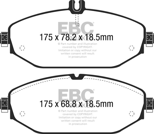 EBC 15+ Greenstuff front brake pads for Mercedes-Benz C300 W205 2.0 Turbo, performance brake pads with green friction material