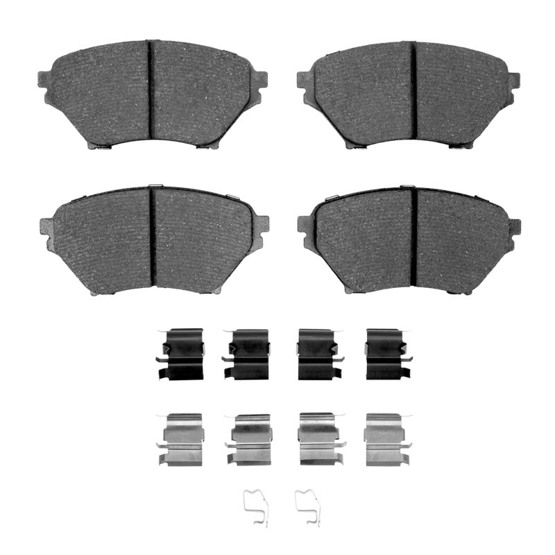 R1 Concepts Mazda Miata front ceramic brake pads and hardware kit with OE design, shown with metal backing and mounting hardware