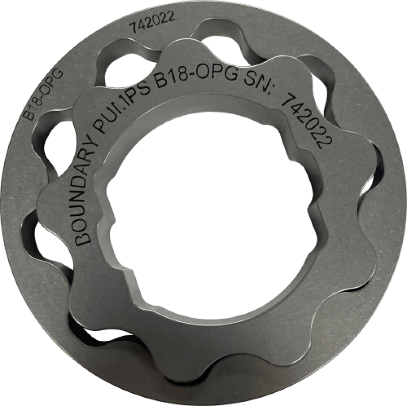 Boundary Honda 1.8L I4 high flow billet oil pump gear for Orbit pump, showcasing precision-machined metal component.