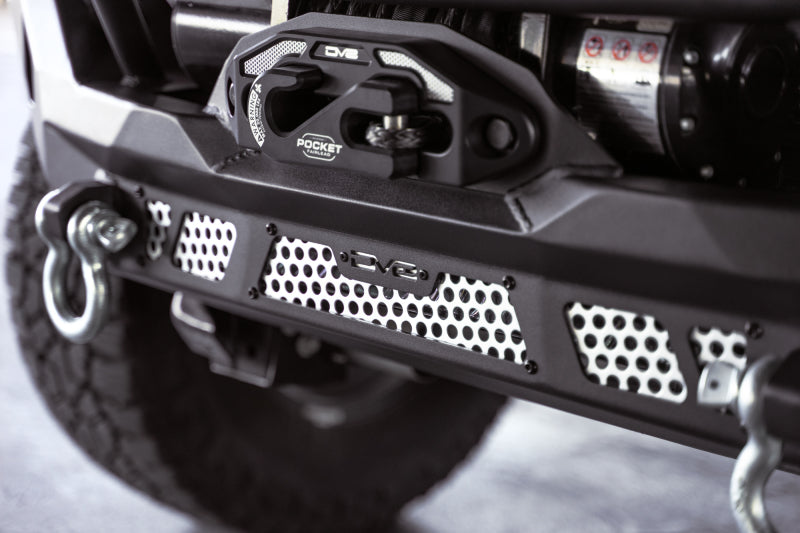 Steel front bumper for Jeep Wrangler JK, JL, and Gladiator JT by DV8 Offroad, featuring rugged off-road design and mounting points