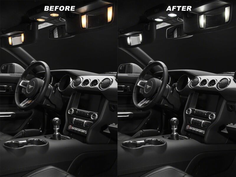 Raxiom Ford Mustang Interior LED Lighting Kit Stage 2 Axial Series in cool white, showing LED strips and interior lighting details.
