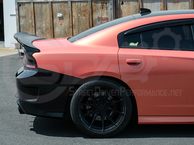 Dodge Charger SRT Hellcat Redeye style rear trunk wing spoiler in matte black, designed for 2015-2023 models, by Street Driven Performance.