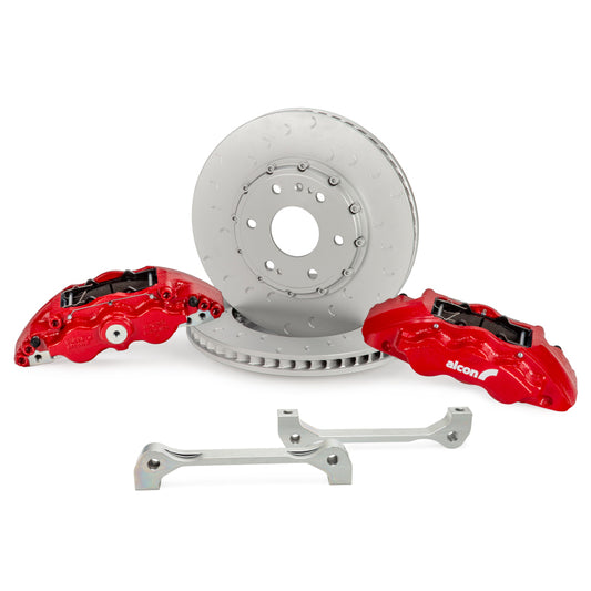 Alcon 19+ Silverado and Sierra 20+ Suburban Tahoe Yukon 6-piston red front brake caliper kit for big brake upgrades.