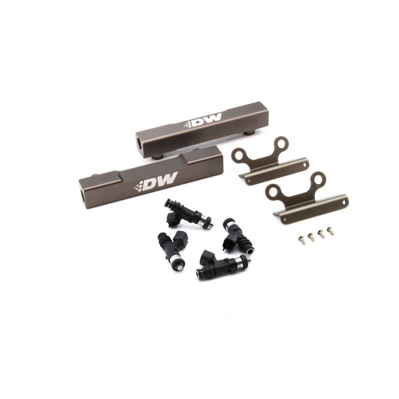 DeatschWerks fuel rail upgrade kit with 1000cc injectors for Subaru WRX 02+ and STI/LGT 07+ models, displayed with metal finish.