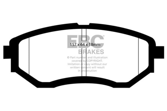 EBC Redstuff performance front brake pads for 2016-2021 Subaru WRX 2.0T, showing red ceramic brake pad material.