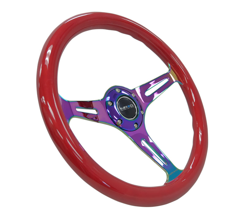 NRG Classic wood grain steering wheel with red grip and neochrome 3-spoke center, 350mm diameter for automotive steering.