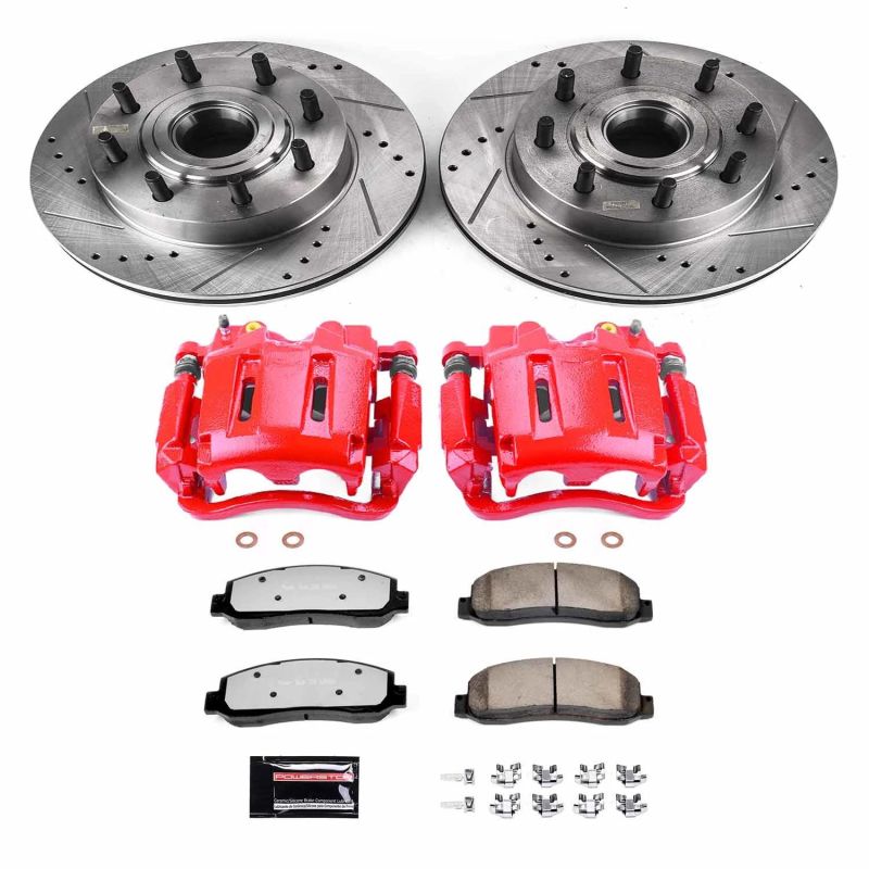 PowerStop Z36 brake rotors for 2007-2008 Ford F-250 Super Duty front truck and tow kit with slot and drilled design.